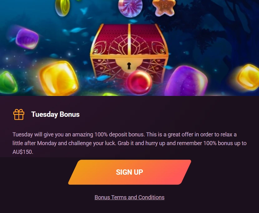 Image "Tuesday Bonus" – Banner displaying a colorful gift box and a "Sign Up" button