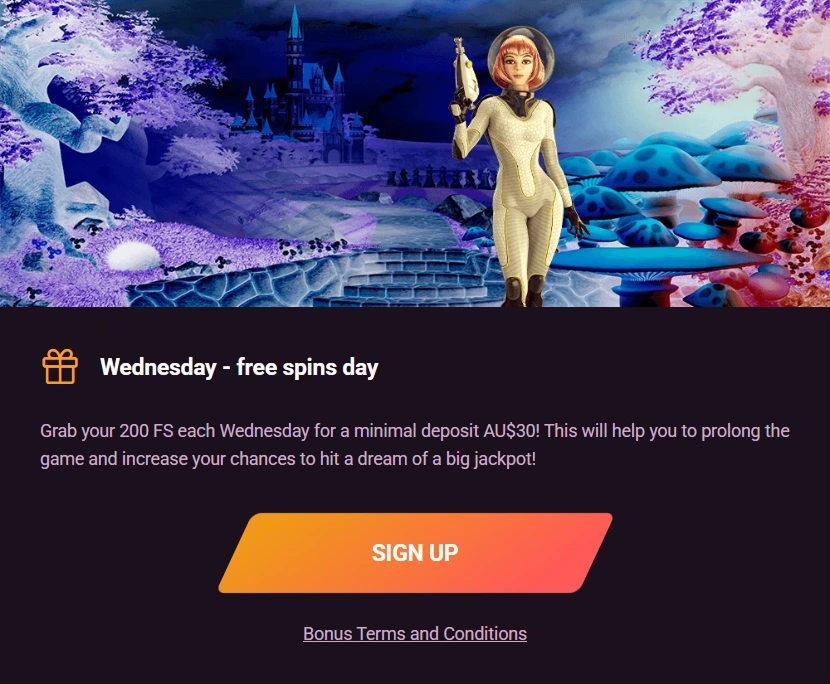 Image "Wednesday, The Spice Day" – Banner featuring a woman in a mystical setting with a "Sign Up" button