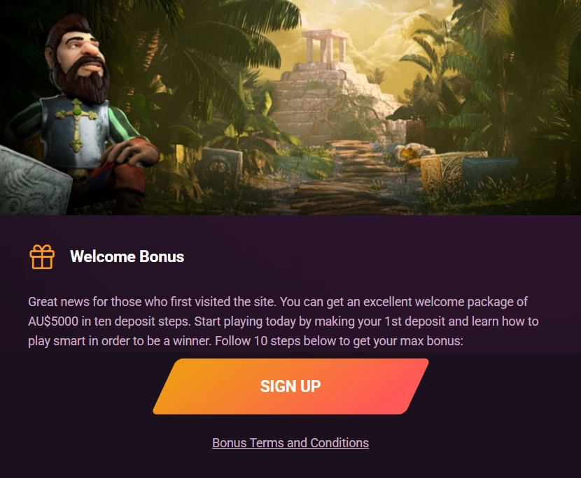 Image "Welcome Bonus" – Banner for a welcome bonus with a tropical jungle background and a "Sign Up" button